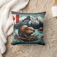 Canadian Beaver on a Log by Lake With Mountains Throw Pillow