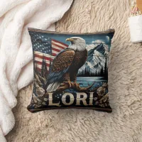 Eagle With American Flag Background Throw Pillow