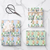 Blue and Green Twin Boys Watercolor Baby Shower Wrapping Paper Sheets