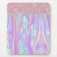 Monogram Metallic Rose Gold Glitter & Iridescent Mouse Pad