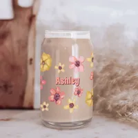 Retro Flowers Floral Pretty Botanical Cute Name Can Glass