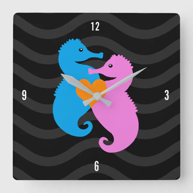 Cute Blue and Pink Seahorses in Love on Grey Waves Square Wall Clock