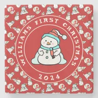 Baby's First Christmas Snowman Pattern Red Name Stone Coaster