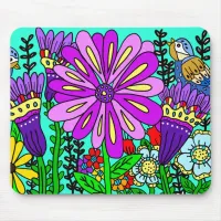 Colorful Folk Art Style Birds and Flowers   Mouse Pad