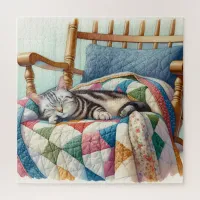 Sweet Gray Cat Sleeping on a Quilt Jigsaw Puzzle