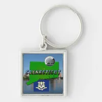 Connecticut' Map, Text, Faux Quarter, Flag Scenery Keychain