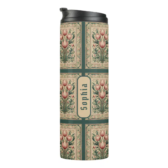 Tulip Flower Emerald Squares Medieval Thermal Tumbler