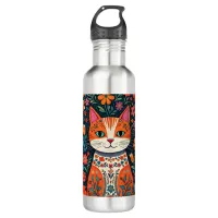 Whimsical Folk Art Cat and Flowers Stainless Steel Water Bottle
