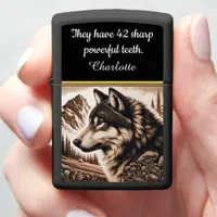 Majestic wolf gazes over serene mountain landscape zippo lighter