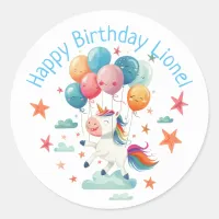 Funny Flying Unicorn Rainbow Colors 1st Birthday  Classic Round Sticker