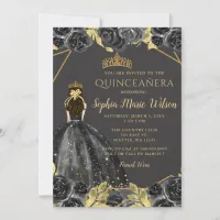 Elegant Black Gold Floral Princess Quinceañera Invitation