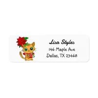 Cute Christmas Kitten with Poinsettia Label