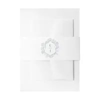 Dusty Blue Floral Crest Monogram Wedding Invitation Belly Band