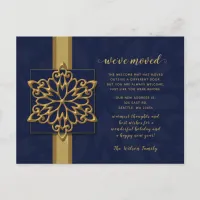 Snowflakes Navy Gold Holiday Moving Announcement Postcard