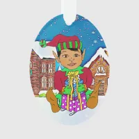 Ethnic Boy Elf Whimsical Personalized  Christmas Ornament