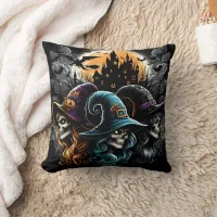 Spooky witches gathering under a full moon throw pillow