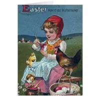 Vintage Easter Girl Painting Egg With Chickens