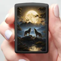 Wolves Howling Under Bright Full Moon Zippo Lighter