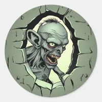 Zombie busting out of the Wall Halloween Classic Round Sticker