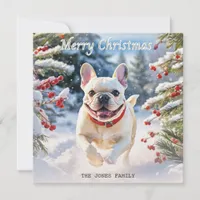 Cream French Bulldog in Snow Merry Christmas Holiday Card