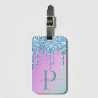 Glam Blue Glitter Drips Elegant Monogram   Luggage Tag