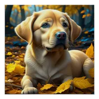 Puppy Dog Playing in Fall Leaves   Poster