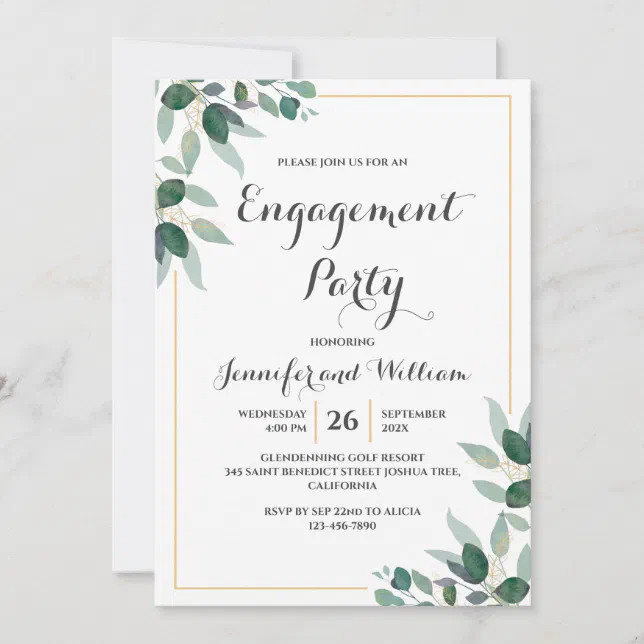 Green And Golden Leaves Watercolor Engagement Invitation