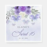 Rustic Floral Purple Lilac Butterflies Sweet 16 Napkins