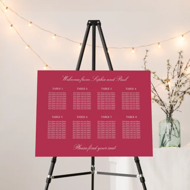 Carmine Magenta 8 Table Wedding Seating Chart Foam Board