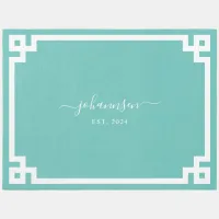 Family Name Light Teal Greek Key Border Rug