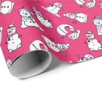 Cute Snowmen Pattern Pink Christmas Wrapping Paper