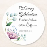 Elegant Floral Wedding Soft Botanical Romance Round Paper Coaster