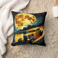 Hot rod racing under a full moon by the river throw pillow