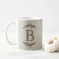 Rustic Elegant Monogram Floral Beige Burlap Coffee Mug