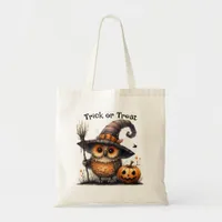 Cute Owl in a Witch's Hat Halloween Trick or Treat Tote Bag