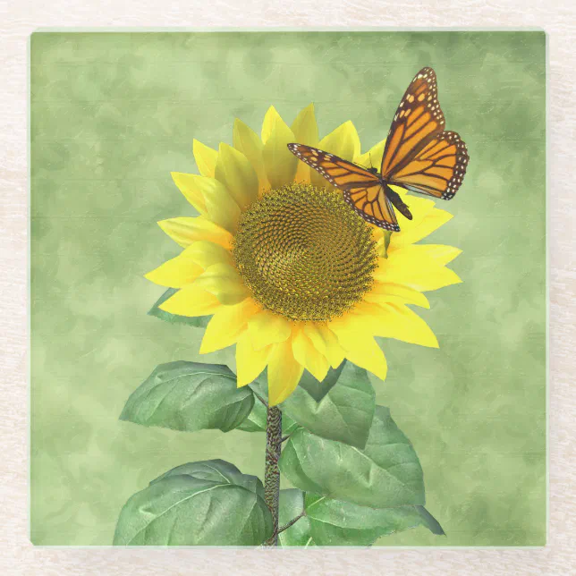 Pretty Yellow Sunflower and Orange Butterfly Glass Coaster