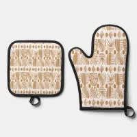 Caribbean Tribal Mudcloth: White, Gold Oven Mitt & Pot Holder Set