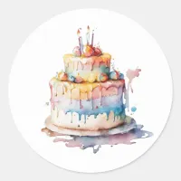 Watercolor Whimsical Birthday CAke Classic Round Sticker