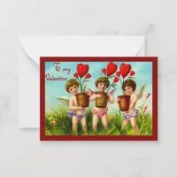 Vintage Valentine Cupids Holding Red Heart Plants Note Card