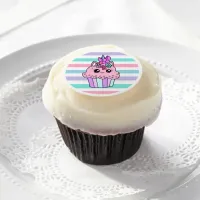 Pink, Purple Striped Unicorn Cupcake Girl's Edible Frosting Rounds