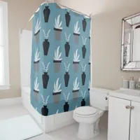 Beautiful Plants in Pots Blue, Grey, and White Shower Curtain