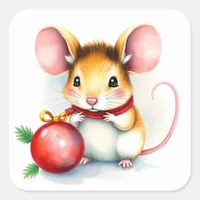 Cute Little Festive Christmas Mouse with Ornament Square Sticker