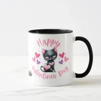 Happy Valentines Day Black and Pink Cat Mug