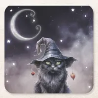 Black Halloween Cat Wearing a Witch Hat  Square Paper Coaster