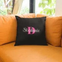 Girly Black White and Hot Pink Modern Monogram Throw Pillow