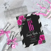 Silver Foil Stripes Floral Hot Pink ID759 Invitation