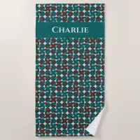 Teal & Brown Retro '70s Motifs Personalized Beach Towel