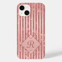 Rose Gold Glitter Stripes Glam Monogram Chic Case-Mate iPhone 14 Case