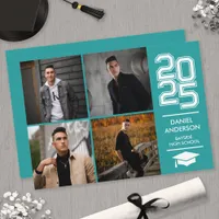 Square Photo Collage Modern Teal Graduation Invitation