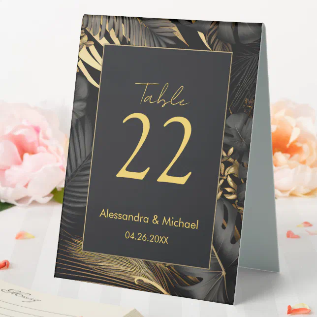 Modern Black Gold Tropical Wedding Table Tent Sign